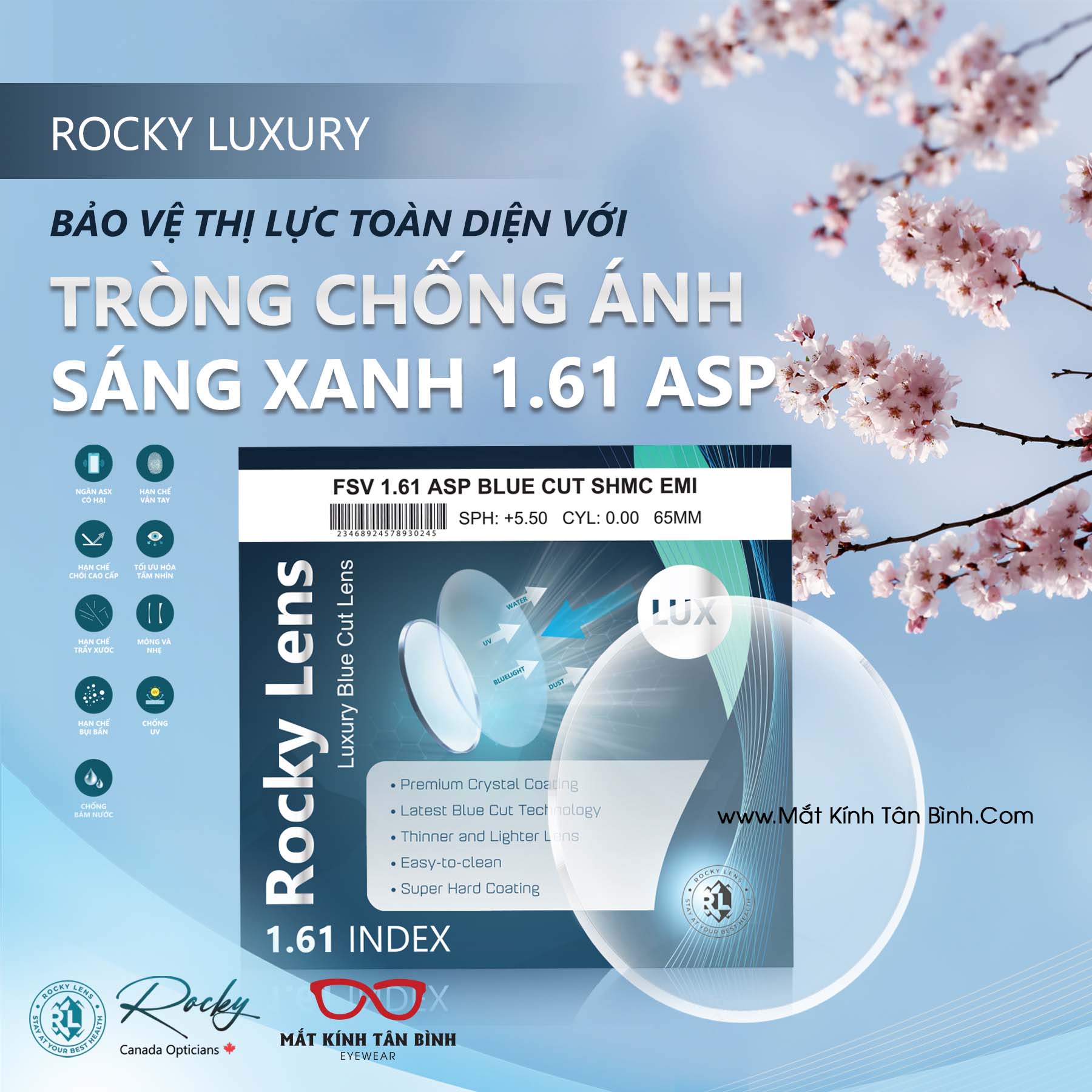 TRÒNG KÍNH ROCKY 1.61ASP BLUE-CUT/LUXURY/SHMC Chính Hãng